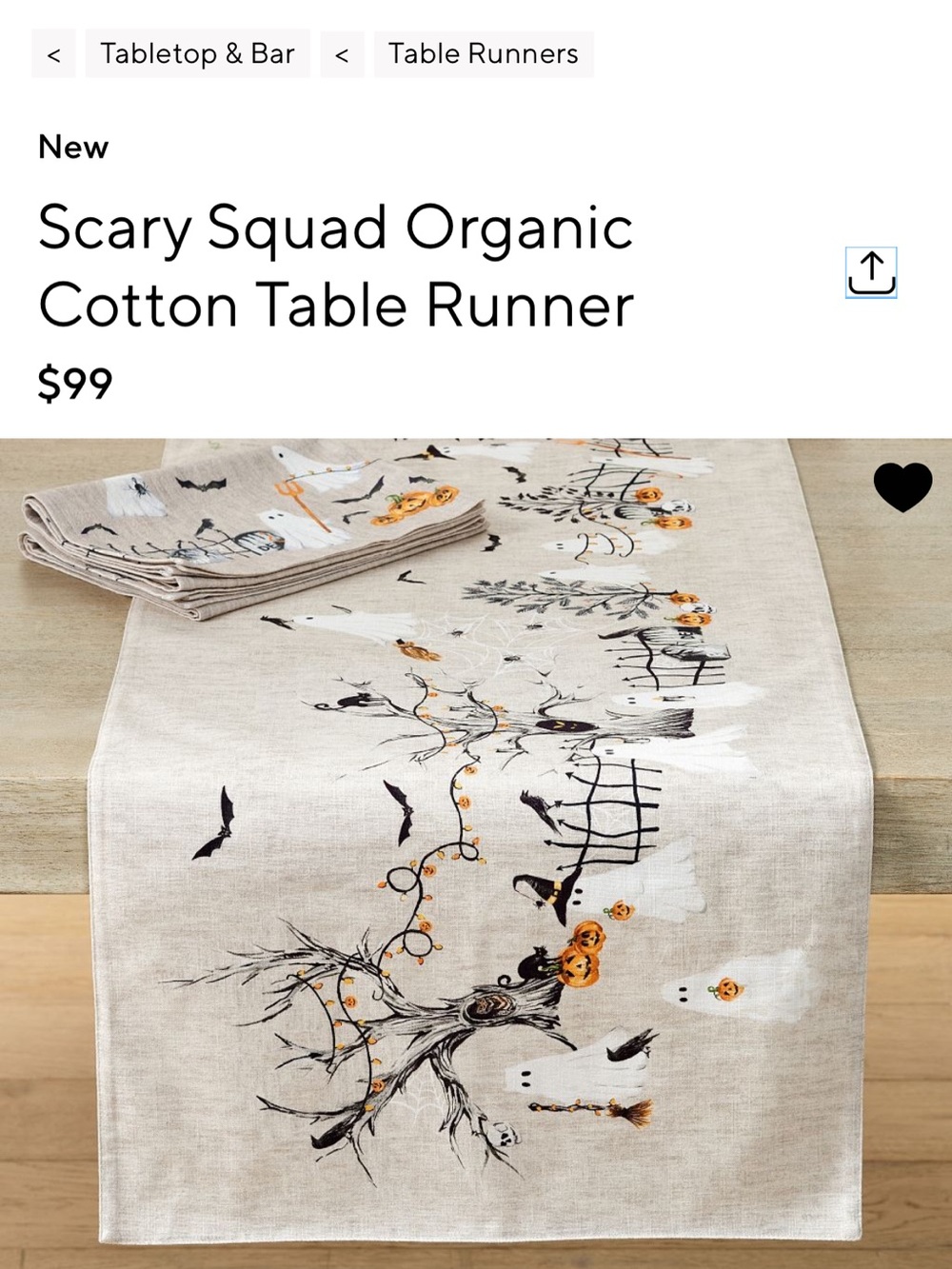 Pottery Barn Beige Table Runner with Black & Orange Halloween Motifs—Scary Squad